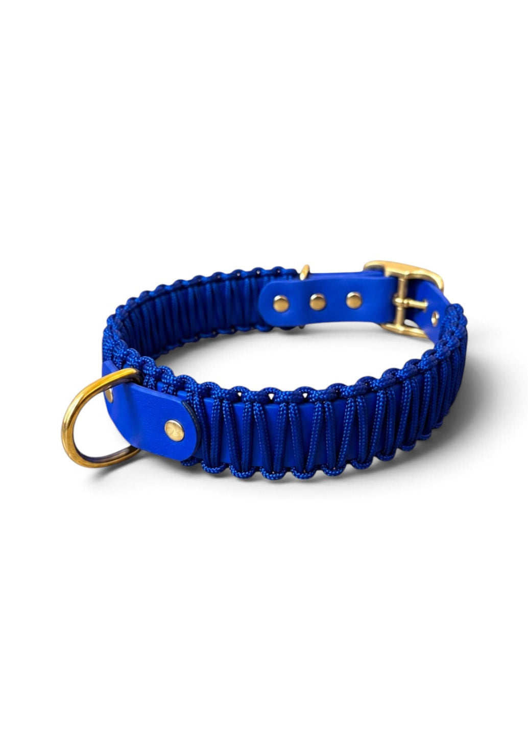 Collier réglable pour chien haut de gamme en Biothane et paracorde tressée bleu Deep Sea fait main par PLI Paris.