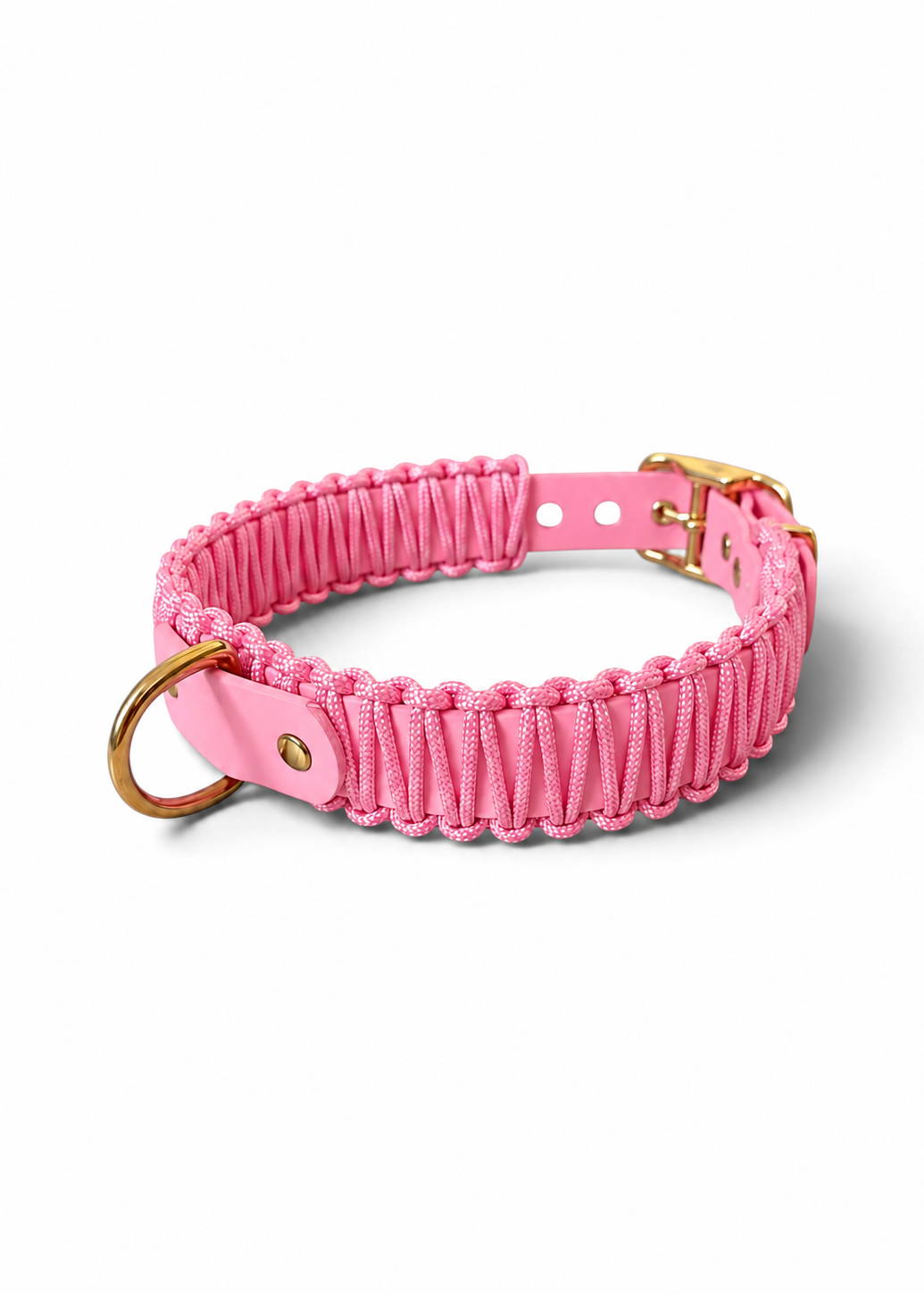 Collier réglable pour chien haut de gamme en Biothane et paracorde tressée rose Sweet Candy fait main par PLI Paris.