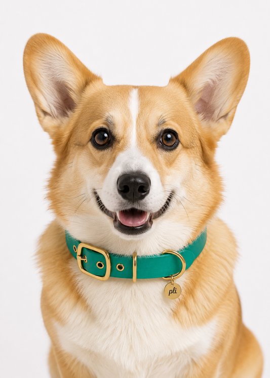 Chien de race corgi portant le collier en Biothane turquoise Lagoon Lover de PLI Paris