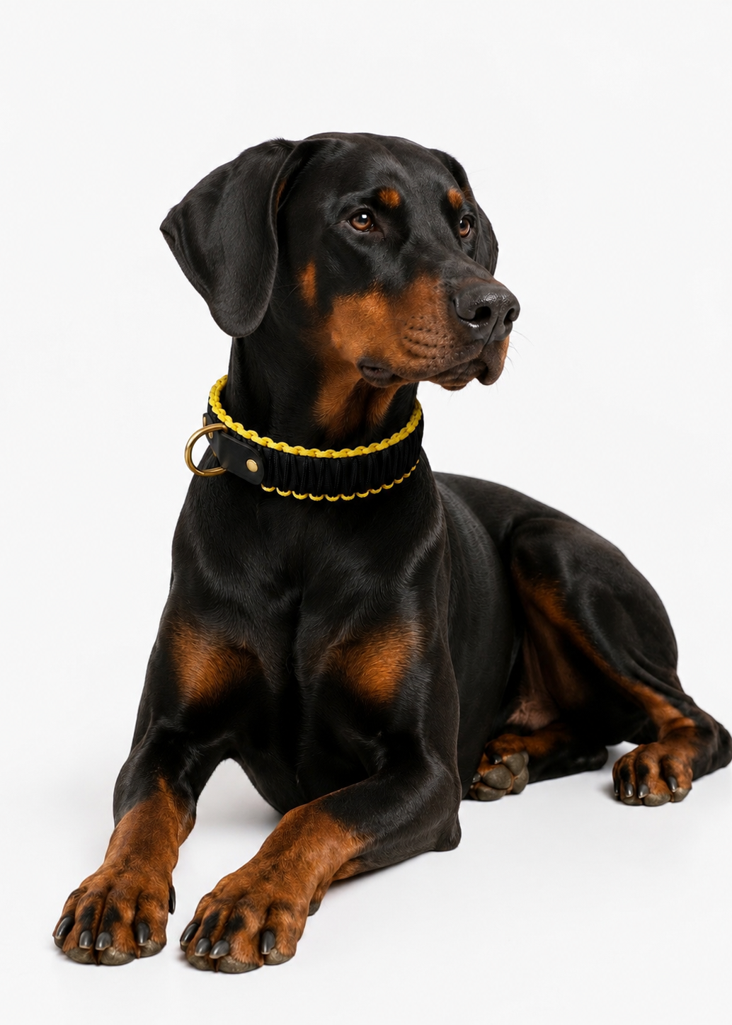 Chien de race Dorberman portant le collier en Biothane et paracord tressée noir et jaune Berlin de la marque PLI Paris.
