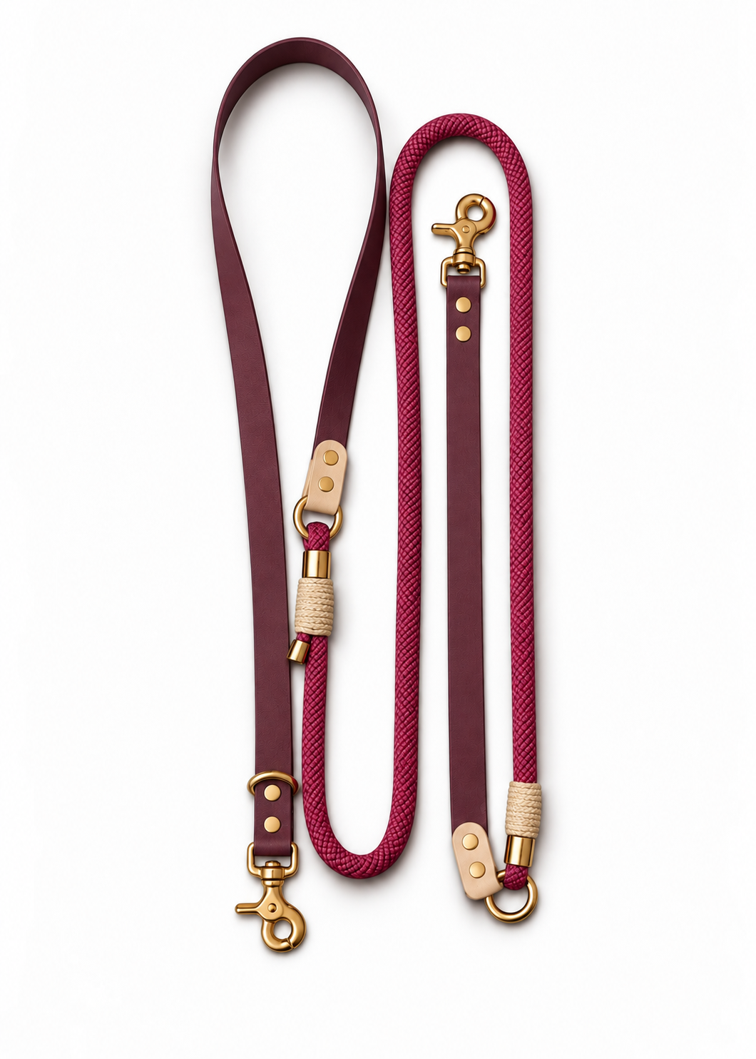 Laisse multi-positions pour chien en Biothane et paracorde bordeaux et creme Cherry On Top par la marque française PLI Paris.