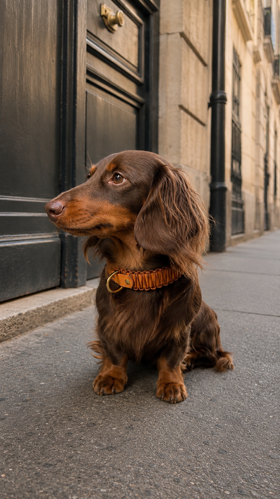 Collier pour chien en biothane et paracord tréssée porté par un teckel. Fait main par PLI Paris