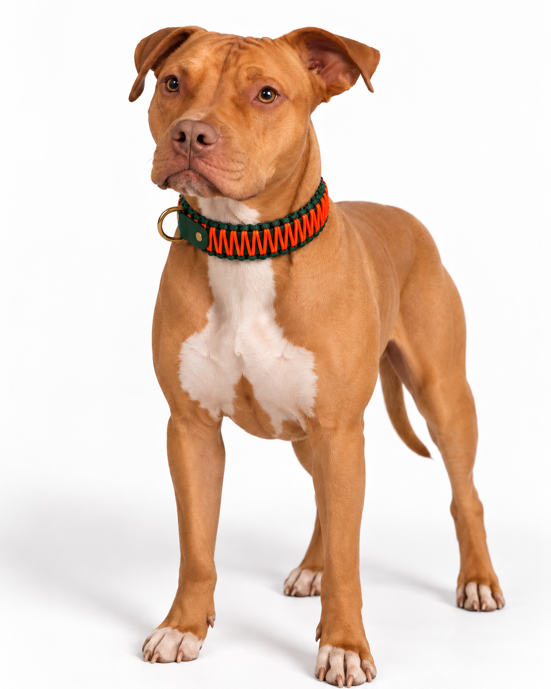Chien de race pitbull portant le collier en Biothane et paracord tressée vert sapin et orange Wild Thing 2 de la marque PLI Paris.