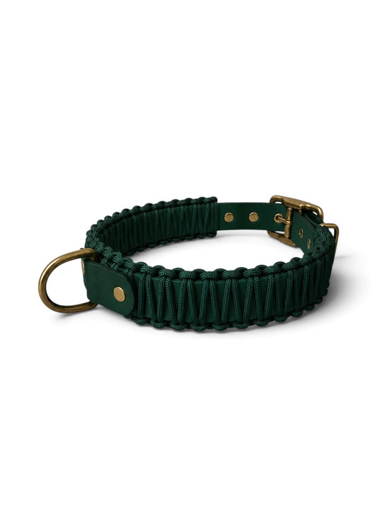 Collier réglable pour chien haut de gamme en Biothane et paracorde tressée vert sapin Green Forest fait main par PLI Paris.