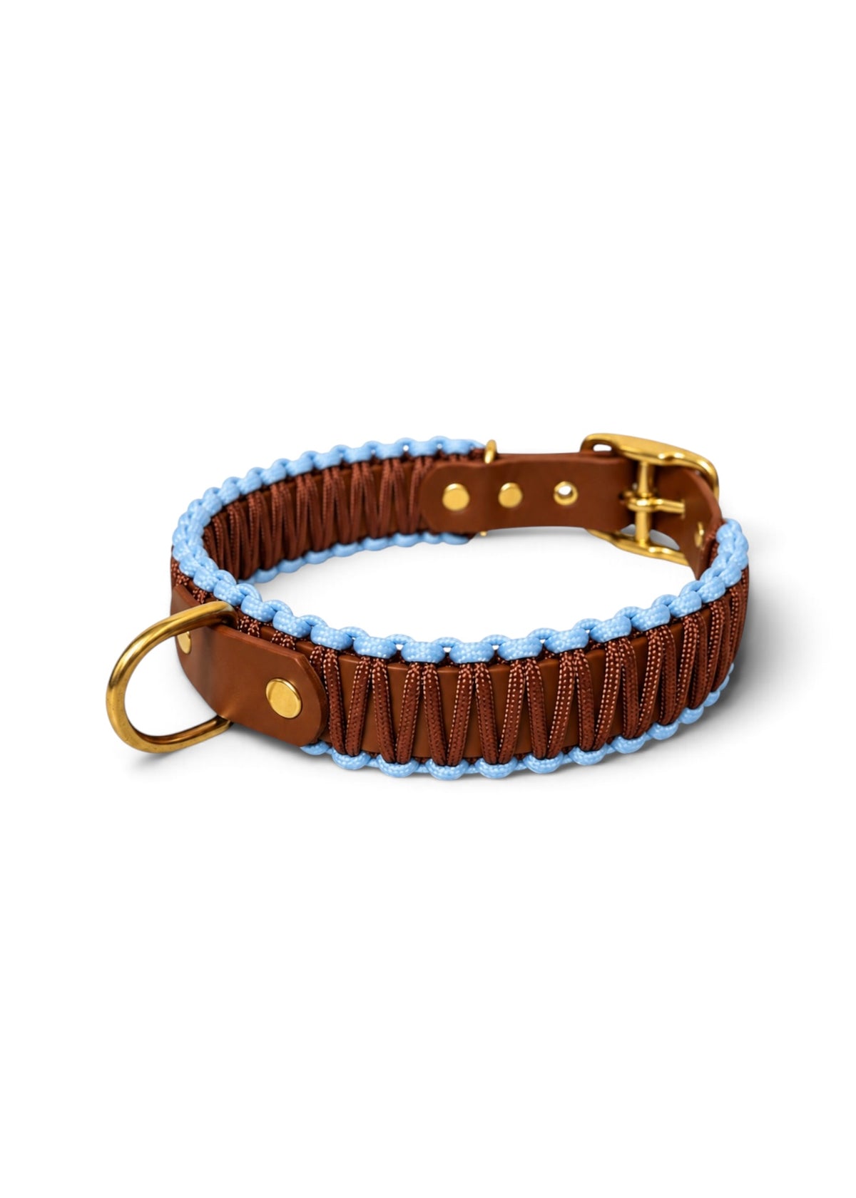 Collier réglable pour chien haut de gamme en Biothane et paracorde tressée marron et bleu Iced cookiefait main par PLI Paris.