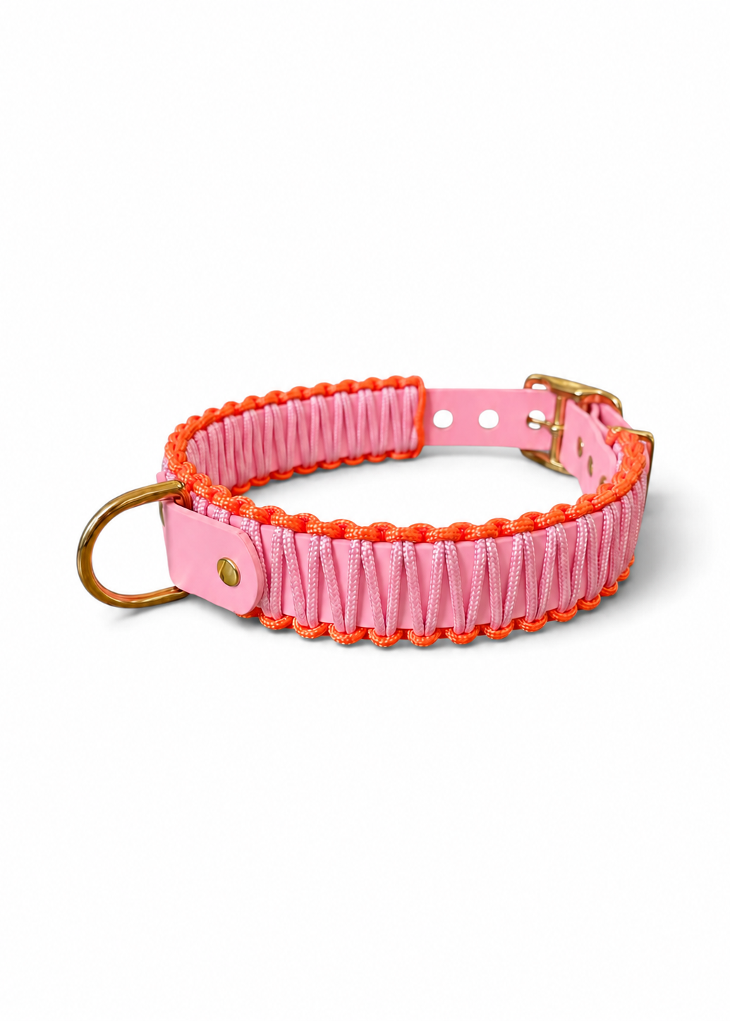 Collier réglable pour chien haut de gamme en Biothane et paracorde tressée rose et orange Malibu fait main par PLI Paris.
