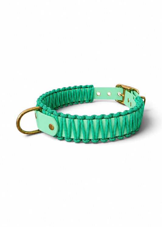 Collier réglable pour chien haut de gamme en Biothane et paracorde tressée vert pastel Mint To Be fait main par PLI Paris.
