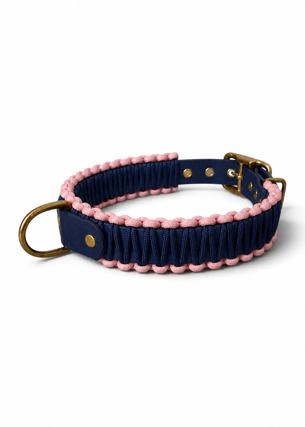 Collier réglable pour chien haut de gamme en Biothane et paracorde tressée bleu nuit et rose Pink Floyd fait main par PLI Paris.
