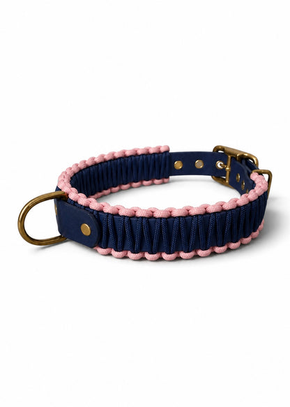 Collier réglable pour chien haut de gamme en Biothane et paracorde tressée bleu nuit et rose Pink Floyd fait main par PLI Paris.