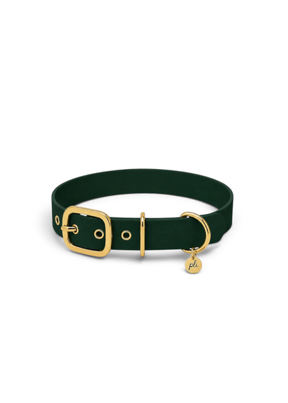 Collier réglable pour chien haut de gamme en Biothane vert foncé Green Forest  fait main par PLI Paris.