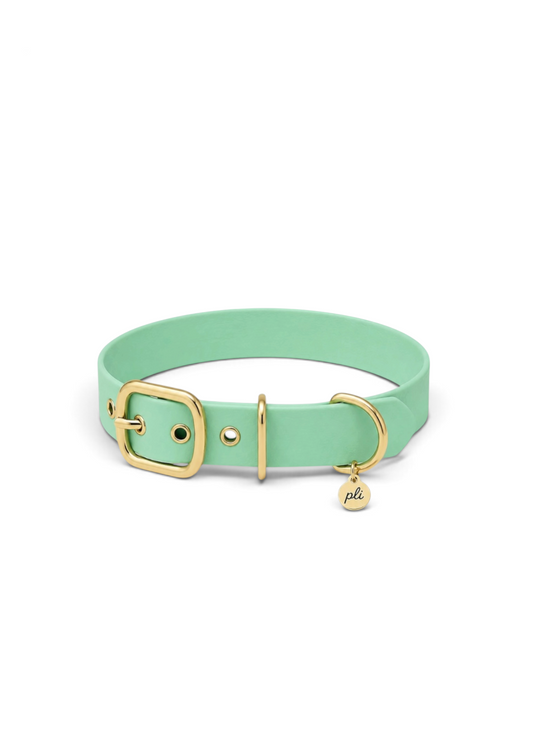 Collier réglable pour chien haut de gamme en Biothane vert pastel Mint To Be fait main par PLI Paris.