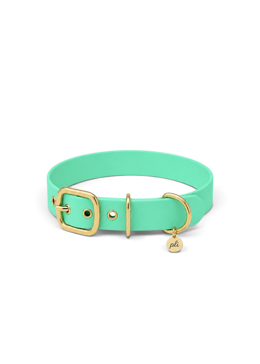 Collier réglable pour chien haut de gamme en Biothane vert pastel Mint To Be fait main par PLI Paris.