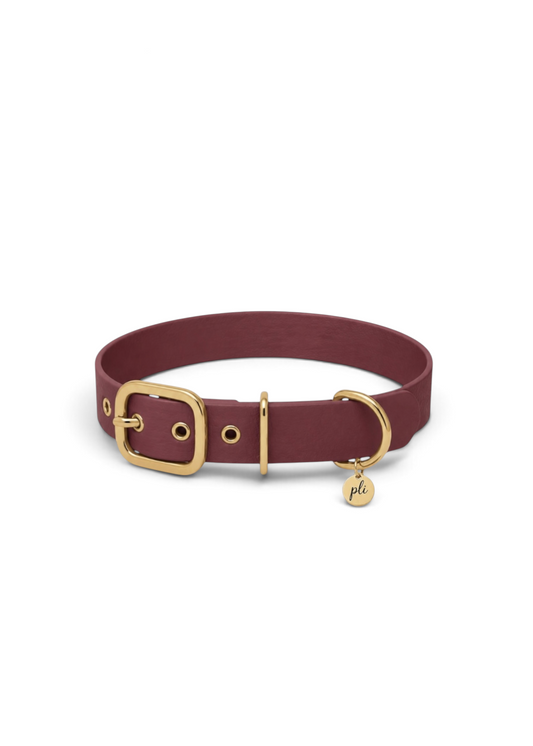 Collier réglable pour chien haut de gamme en Biothane bordeaux Napa Valley fait main par PLI Paris.