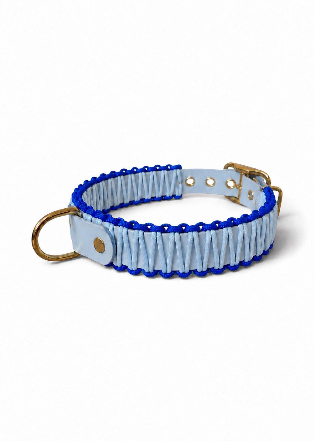 Collier réglable pour chien haut de gamme en Biothane et paracorde tressée bleu pastel et bleu klein fait main par PLI Paris.