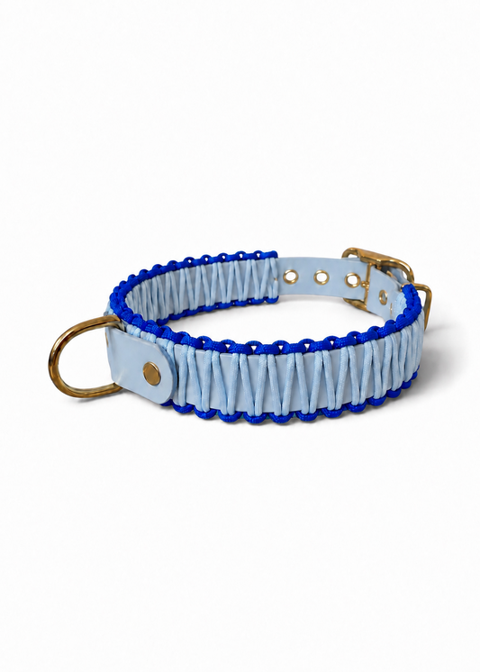 Collier réglable pour chien haut de gamme en Biothane et paracorde tressée bleu pastel et bleu klein fait main par PLI Paris.