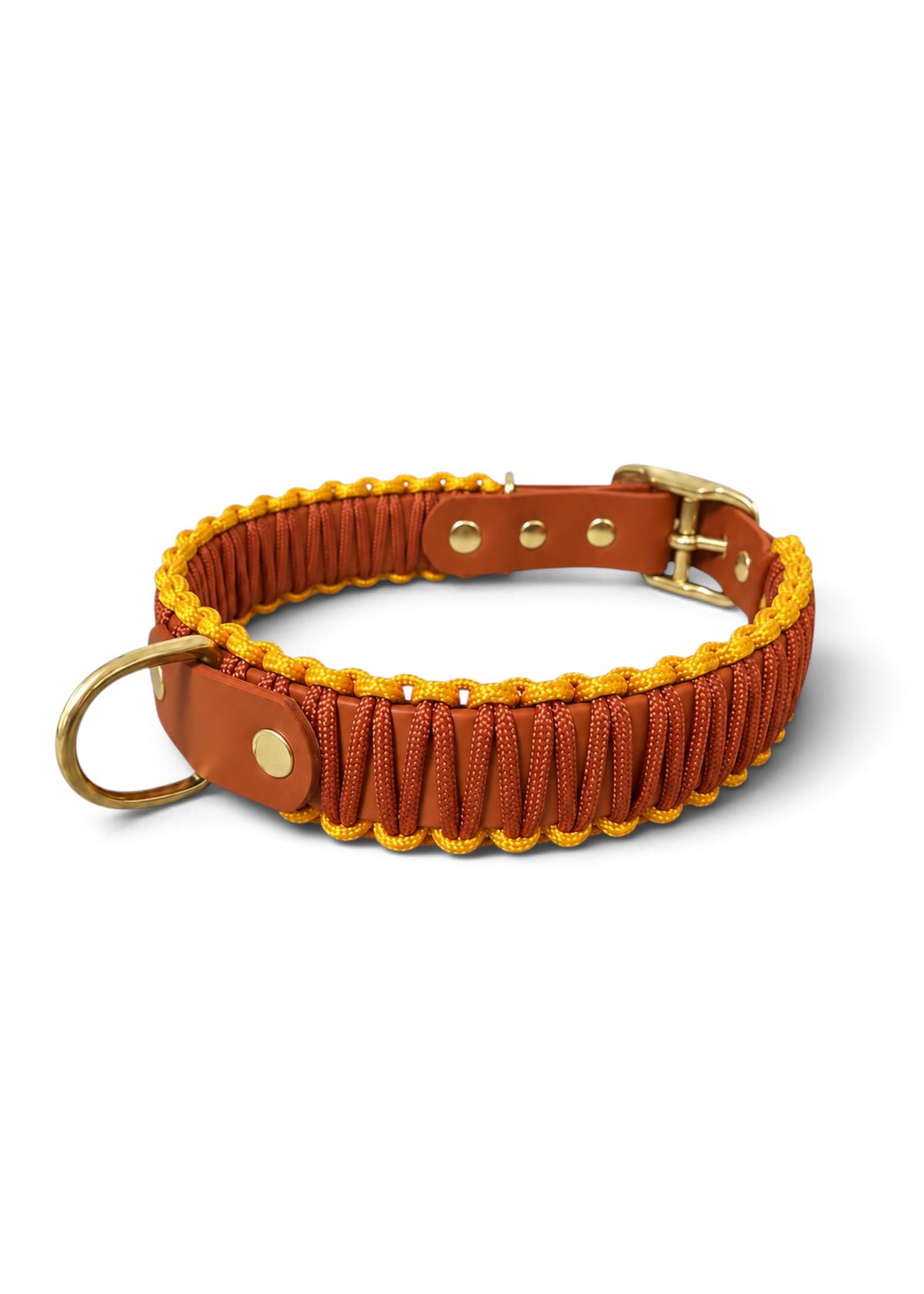 Collier réglable pour chien haut de gamme en Biothane et paracorde tressée marron et jaune Havana fait main par PLI Paris.