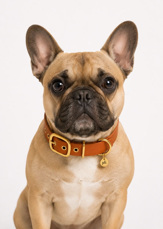 Chien de race Bulldog Français portant le collier en Biothane marron Brown Sugar de PLI Paris