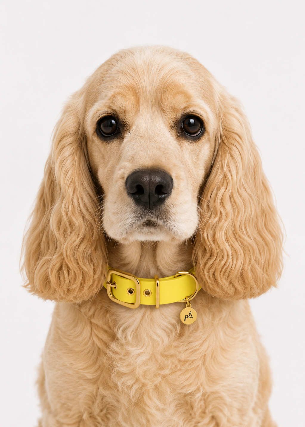 Chien de race cocker portant le collier en Biothane jaune pastel  Lemon Twist de PLI Paris