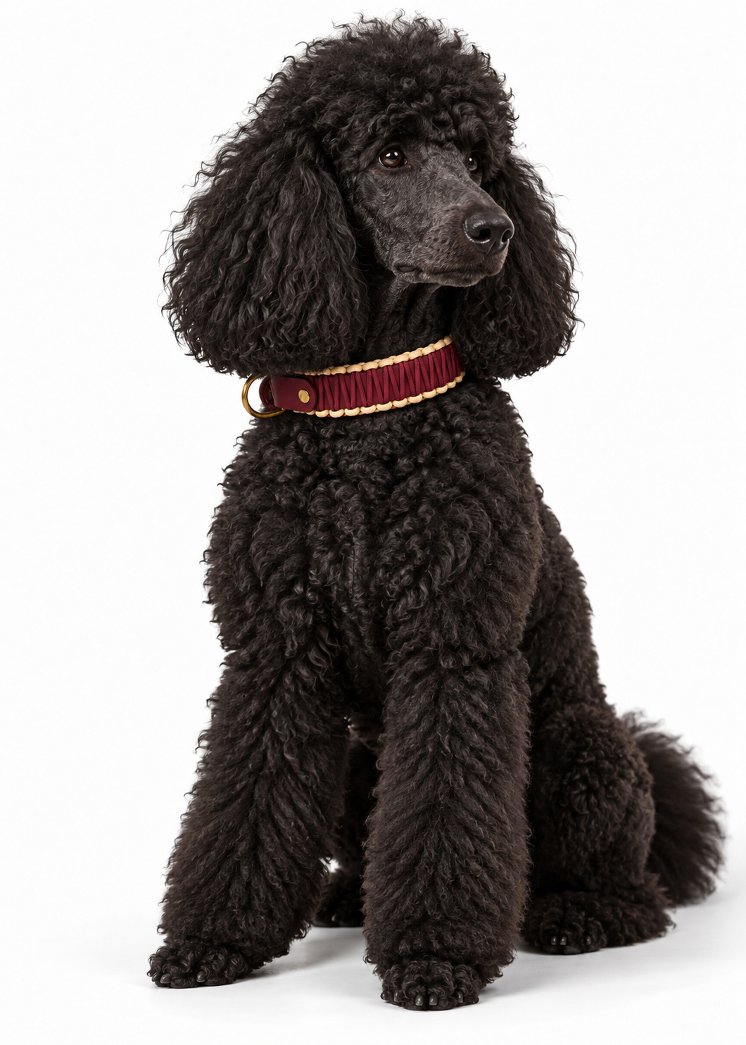 Chien de race caniche portant le collier en Biothane et paracord tressée bordeaux et creme Cherry On Top de la marque PLI Paris.