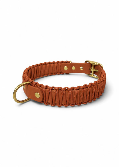 Collier réglable pour chien haut de gamme en Biothane et paracorde tressée marron Brown Sugar fait main par PLI Paris.