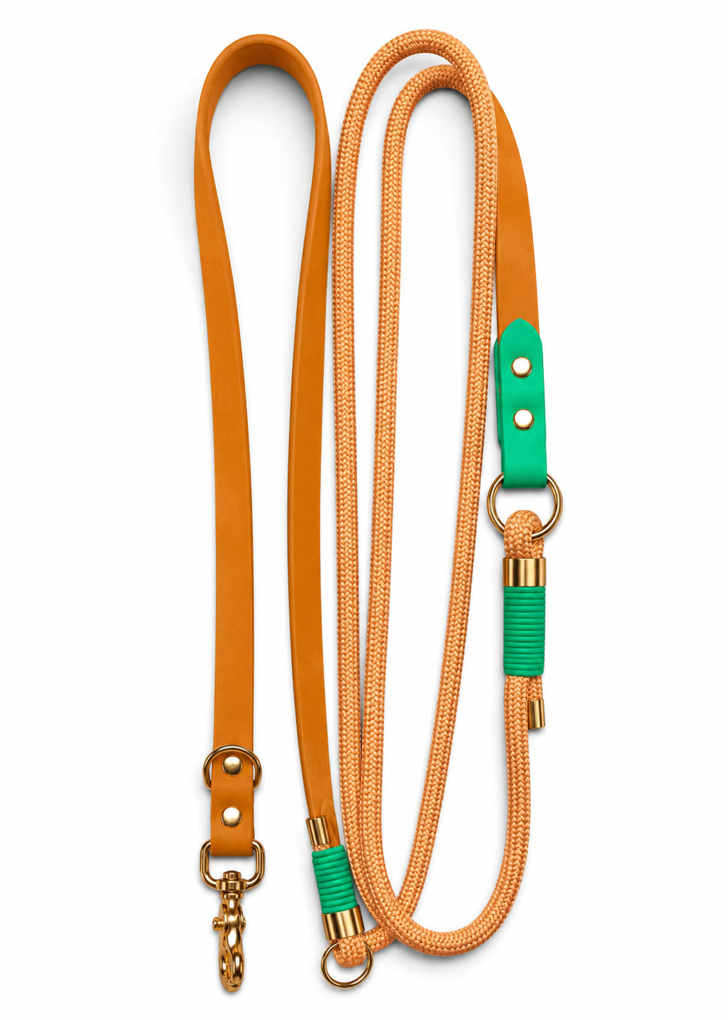 Laisse multi-positions pour chien en Biothane et paracorde marron et vert Tulum par la marque française PLI Paris.
