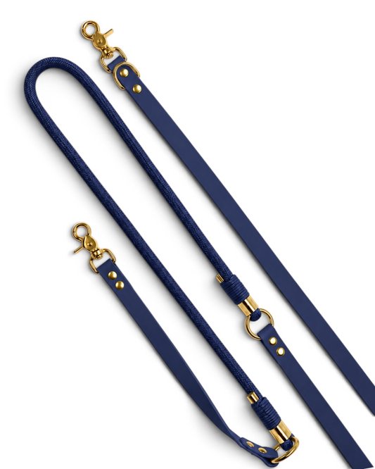 Laisse multi-positions pour chien en Biothane et paracorde bleu marine Billy Jean par la marque française PLI Paris.