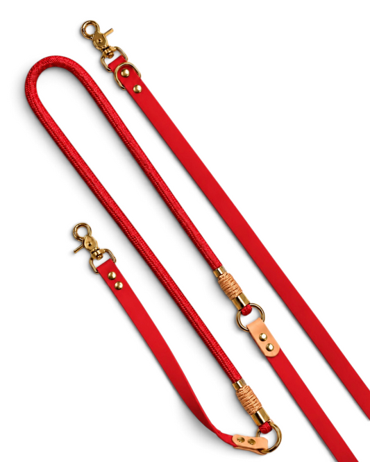 Laisse multi-positions pour chien en Biothane et paracorde et rouge et marron Monaco par la marque française PLI Paris.