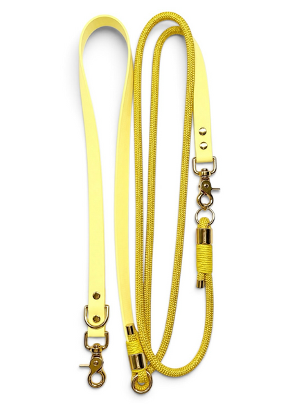 Laisse multi-positions pour chien en Biothane et paracorde jaune pastel Lemon Twist par la marque française PLI Paris.