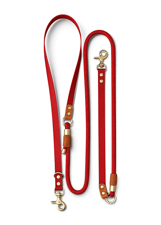 Laisse multi-positions pour chien en Biothane et paracorde et rouge et marron Monaco par la marque française PLI Paris.