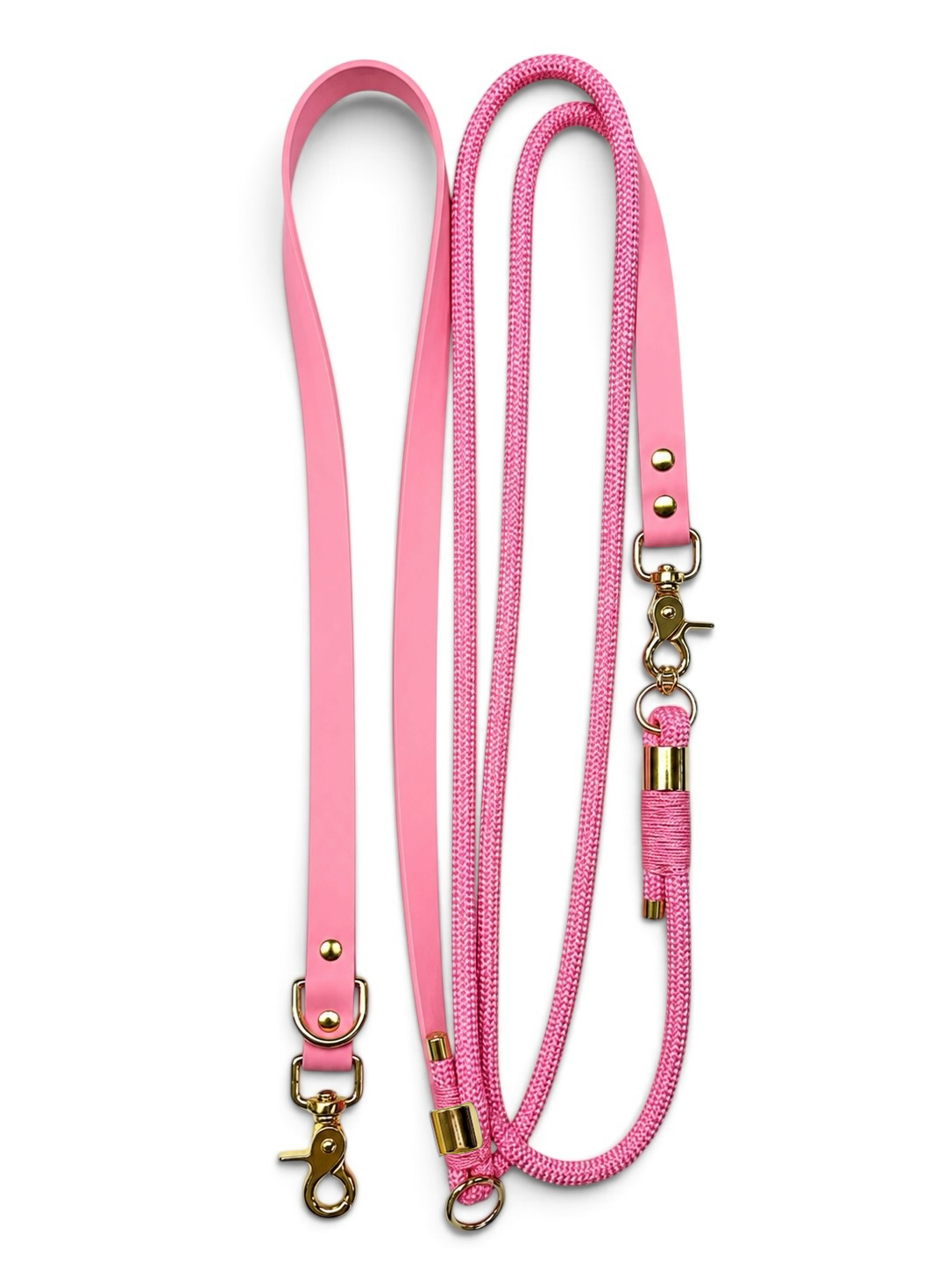 Laisse multi-positions pour chien en Biothane et paracorde rose Sweet Candy par la marque française PLI Paris.