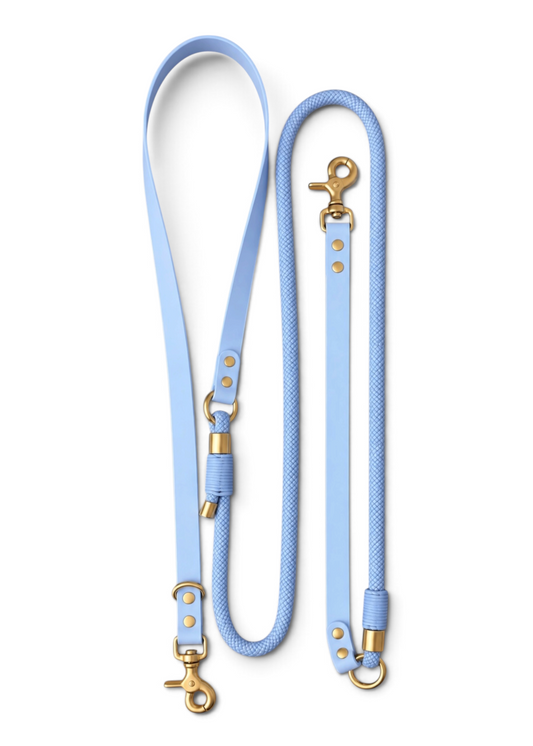 Laisse multi-positions pour chien en Biothane et paracorde bleu pastel Baby Breeze par la marque française PLI Paris.