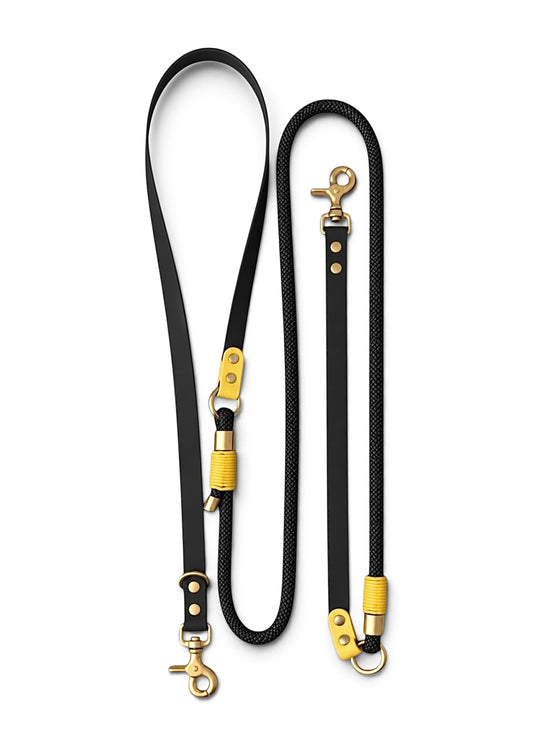 Laisse multi-positions pour chien en Biothane et paracorde noir et jaune Berlin par la marque française PLI Paris.