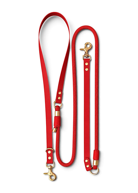 Laisse multi-positions pour chien en Biothane et paracorde rouge Big Kiss par la marque française PLI Paris.