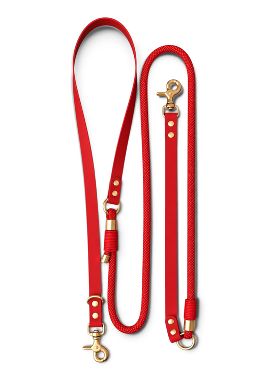 Laisse multi-positions pour chien en Biothane et paracorde rouge Big Kiss par la marque française PLI Paris.