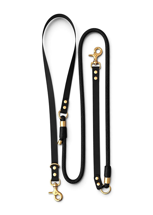 Laisse multi-positions pour chien en Biothane et paracorde noir Black Mamba par la marque française PLI Paris.