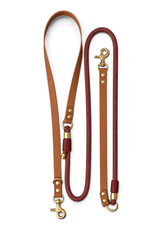 Laisse multi-positions pour chien en Biothane et paracorde marron bronze Brown Sugar par la marque française PLI Paris.