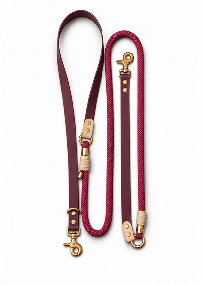 Laisse multi-positions pour chien en Biothane et paracorde bordeaux et creme Cherry On Top par la marque française PLI Paris.