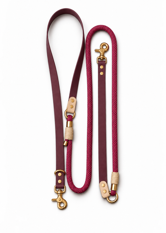 Laisse multi-positions pour chien en Biothane et paracorde bordeaux et creme Cherry On Top par la marque française PLI Paris.