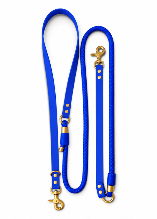 Laisse multi-positions pour chien en Biothane et paracorde bleu Deep Sea par la marque française PLI Paris.
