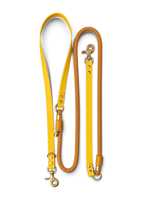 Laisse multi-positions pour chien en Biothane et paracorde jaune or doré Goldy Mama par la marque française PLI Paris.