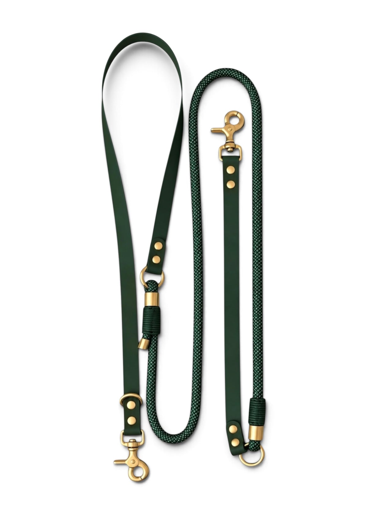 Laisse multi-positions pour chien en Biothane et paracorde vert sapin Green Forest par la marque française PLI Paris.
