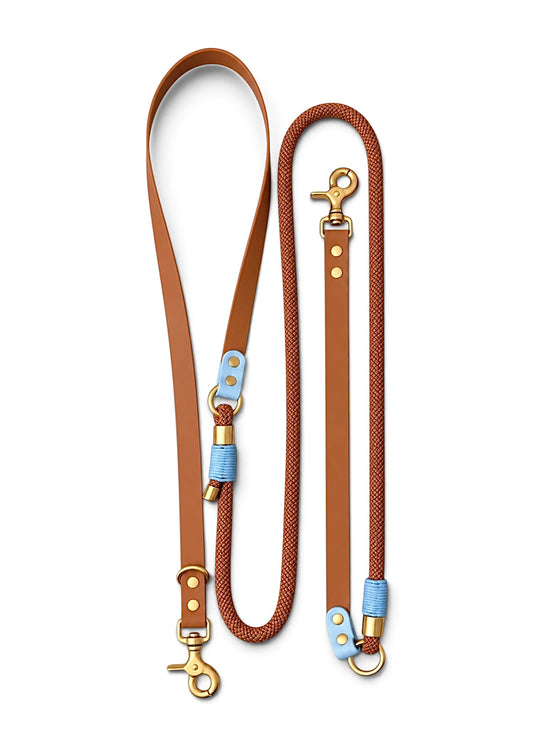 Laisse multi-positions pour chien en Biothane et paracorde marron et bleue Iced Cookiepar la marque française PLI Paris.