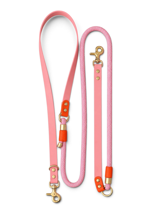 Laisse multi-positions pour chien en Biothane et paracorde rose et orange Malibu par la marque française PLI Paris.