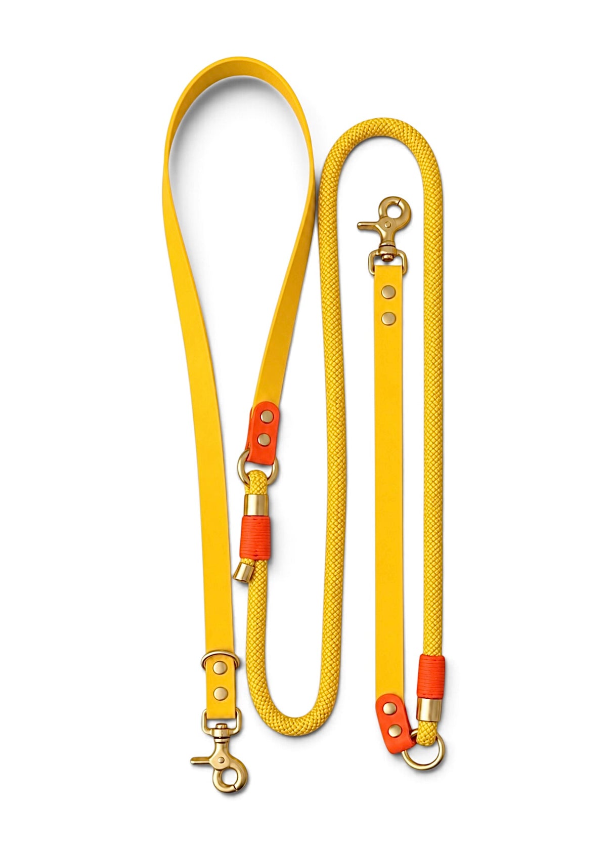 Laisse multi-positions pour chien en Biothane et paracorde jaune et orange Miami par la marque française PLI Paris.