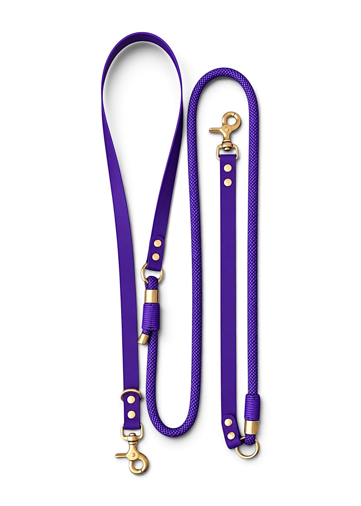 Laisse multi-positions pour chien en Biothane et paracorde violet Purple Rain par la marque française PLI Paris.