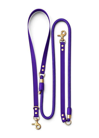 Laisse multi-positions pour chien en Biothane et paracorde violet Purple Rain par la marque française PLI Paris.