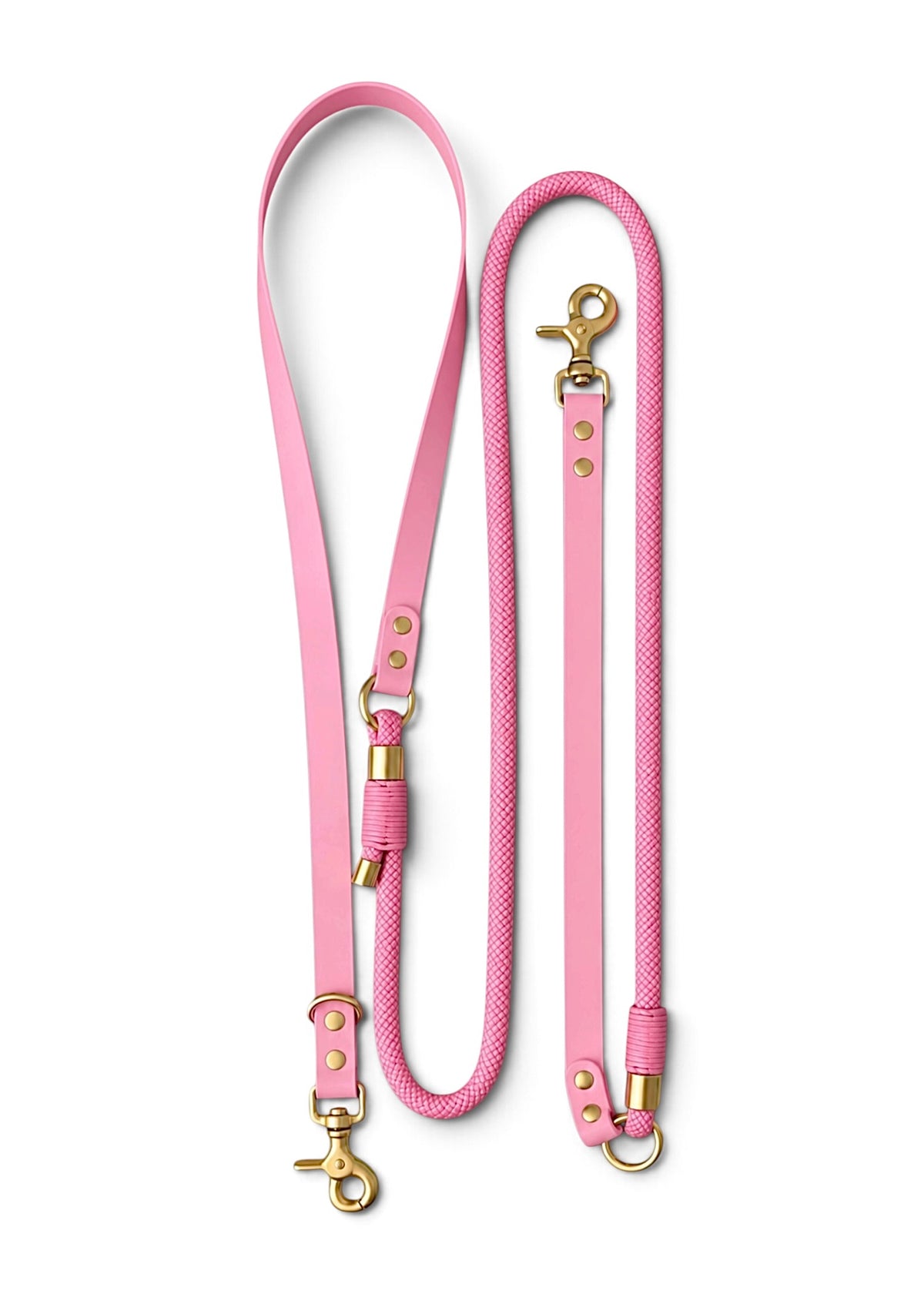 Laisse multi-positions pour chien en Biothane et paracorde rose Sweet Candy par la marque française PLI Paris.