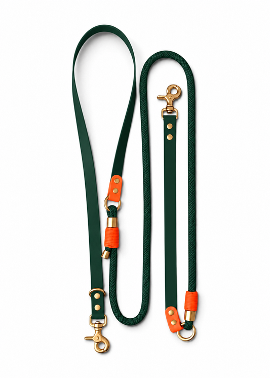 Laisse multi-positions pour chien en Biothane et paracorde vert sapin et orange Wild Thing par la marque française PLI Paris.