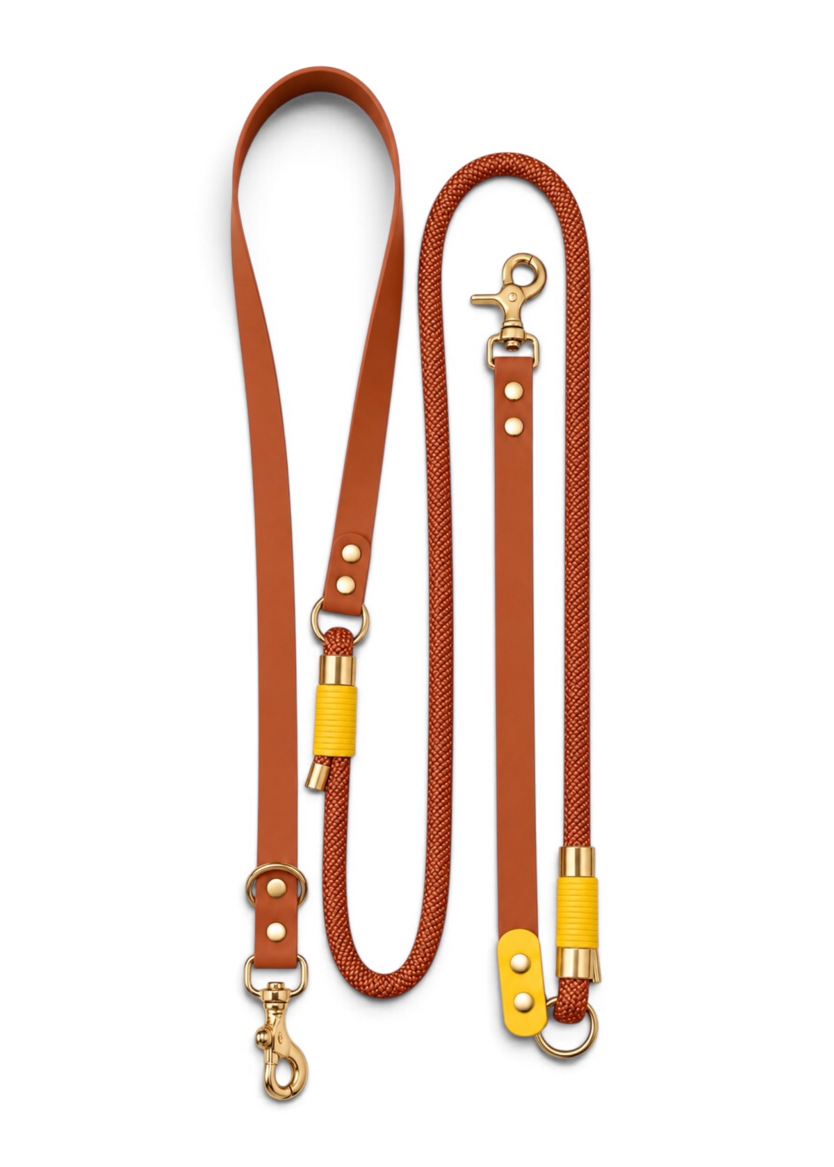 Laisse multi-positions pour chien en Biothane et paracorde marron et jaune Havana par la marque française PLI Paris.