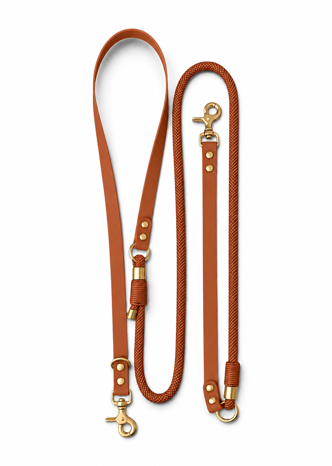 Laisse multi-positions pour chien en Biothane et paracorde marron bronze Brown Sugar par la marque française PLI Paris.